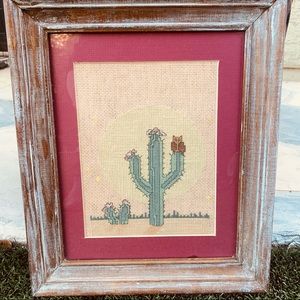 Vintage 1970’s Handmade Cross Stitch/Needlepoint Desert Scene Frame/Under Glass